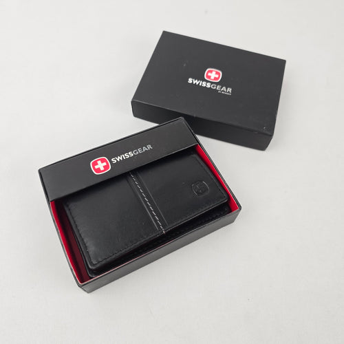 SwissGear Black Leather Bifold Wallet with ID Window