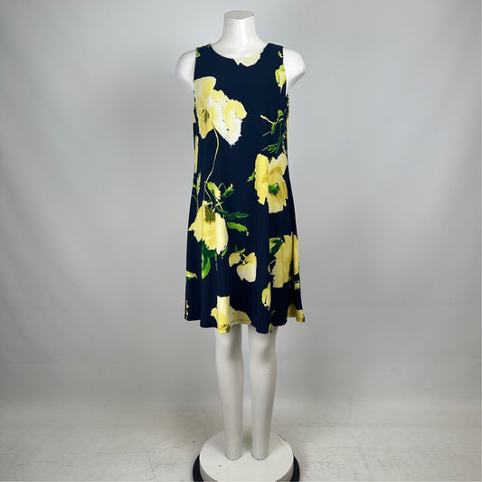 Navy Blue Flower Print A-Line Dress Size 8