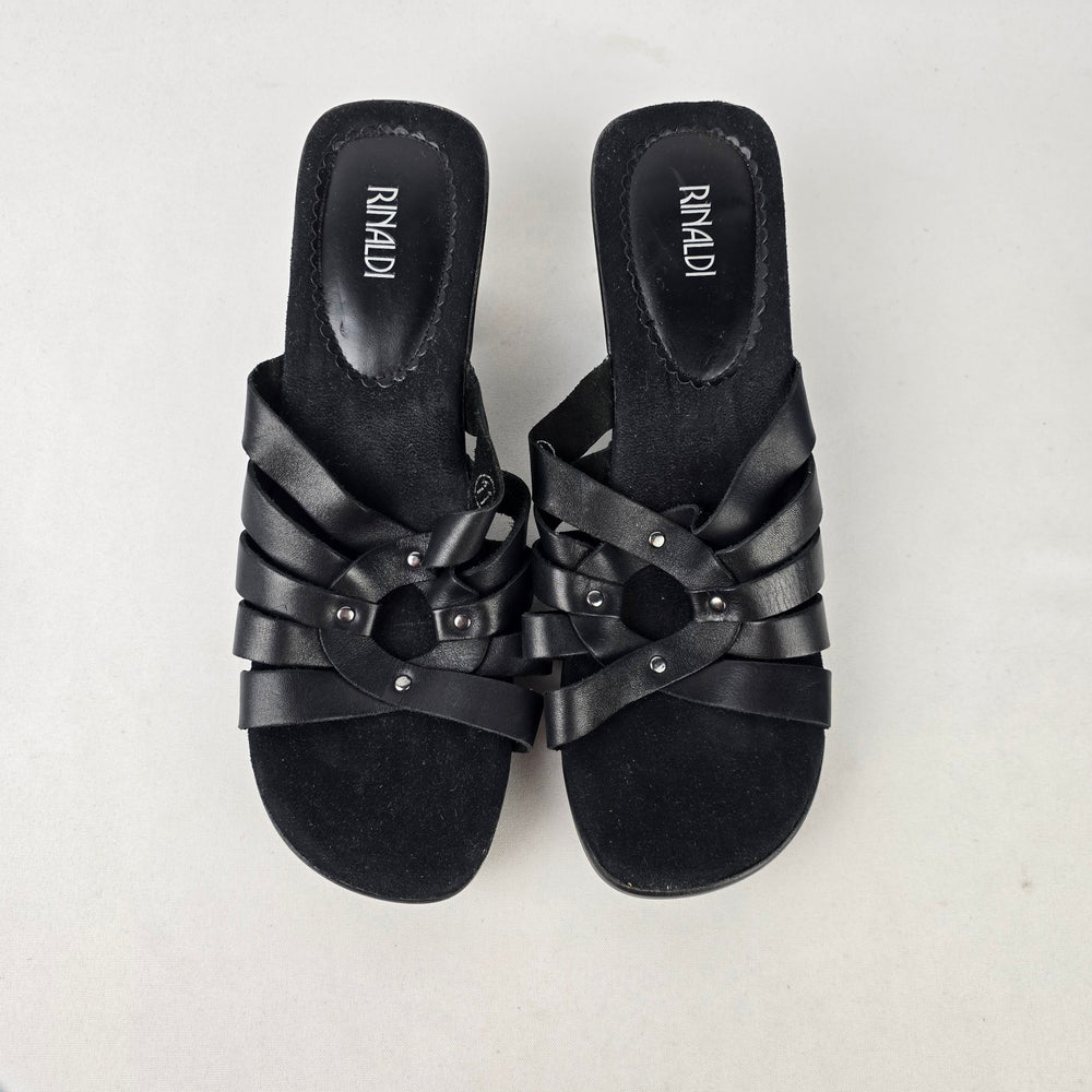 Rialdi Black Leather Studded Strappy Slide Sandals Size 11