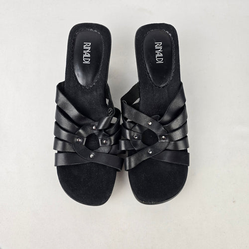 Rialdi Black Leather Studded Strappy Slide Sandals Size 11