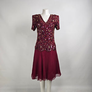 Vintage Silk Burgundy Beaded Sequined Midi Dress Size M