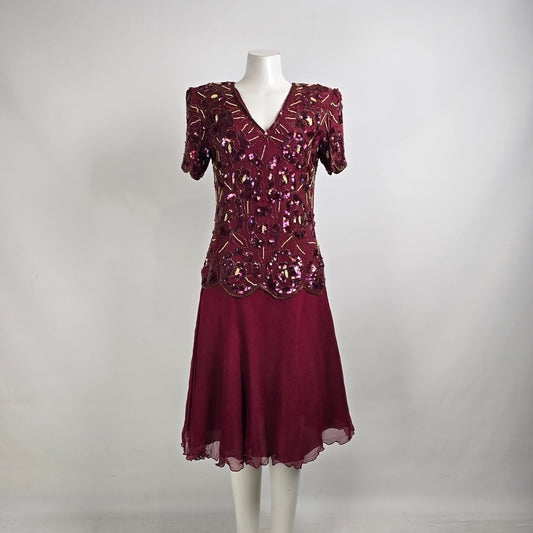 Vintage Silk Burgundy Beaded Sequined Midi Dress Size M