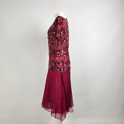 Vintage Silk Burgundy Beaded Sequined Midi Dress Size M