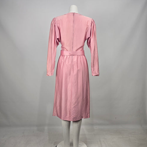 Vintage Pink Silk Keyhole Puff Sleeve Belted Dress Size S