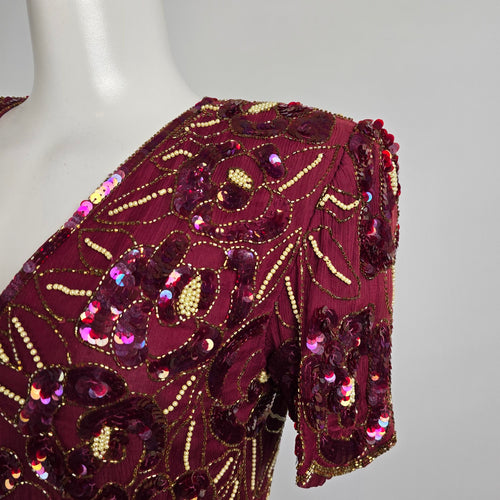 Vintage Silk Burgundy Beaded Sequined Midi Dress Size M