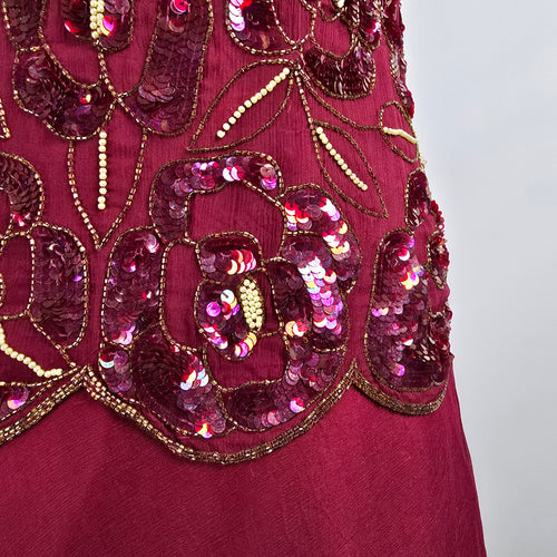 Vintage Silk Burgundy Beaded Sequined Midi Dress Size M