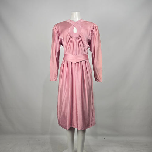 Vintage Pink Silk Keyhole Puff Sleeve Belted Dress Size S