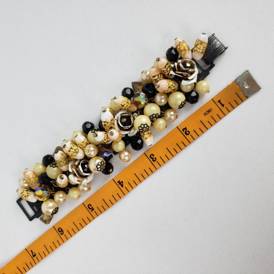 Vintage Pink Flower Faux Pearl Black Beaded Link Bracelet