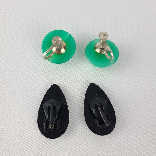 Vintage Green & Black Clip On Screw Back Earrings