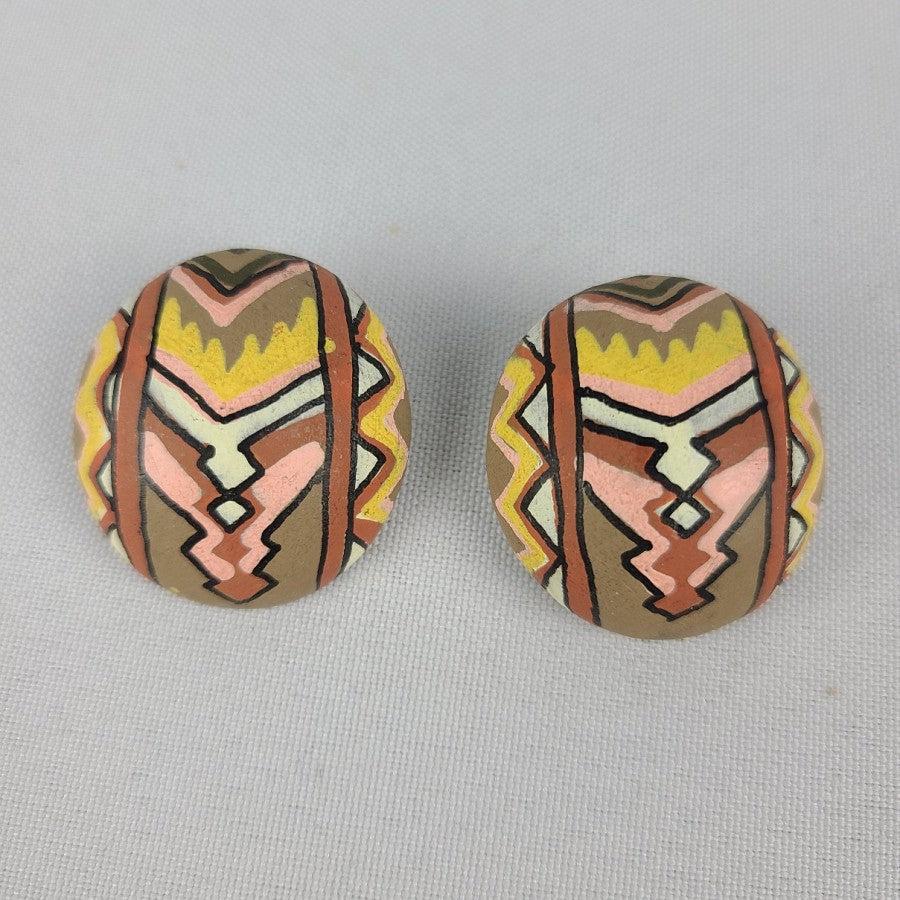 Vintage Tribal Painted Clip On Earrings