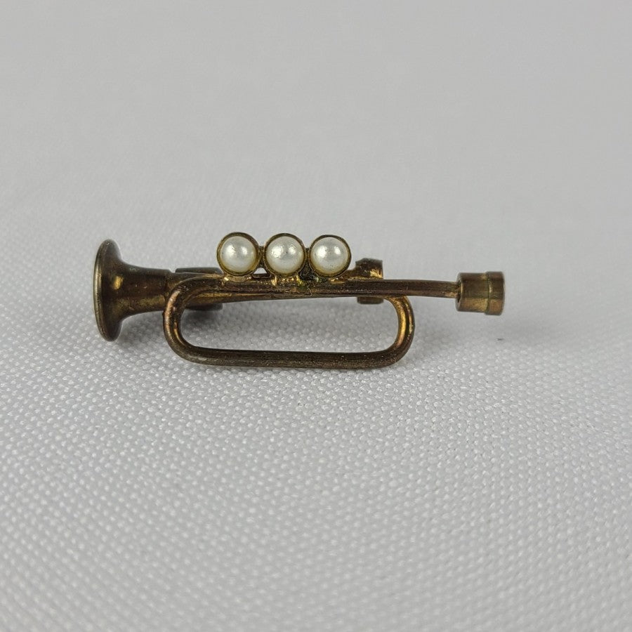 Vintage Bronze Faux Pearl Trumpet Brooch