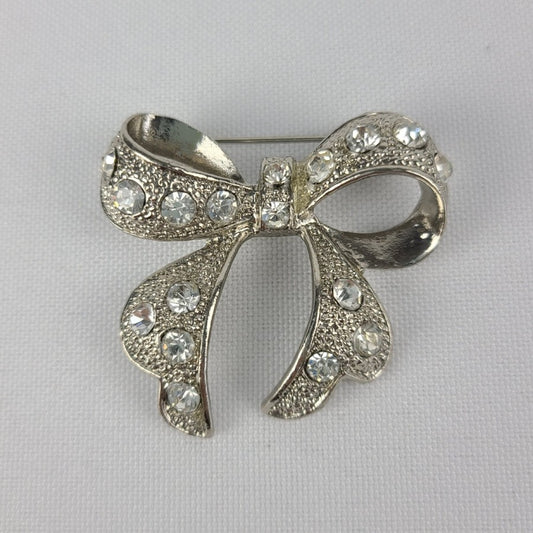 Silver Rhinestone Bow Brooch