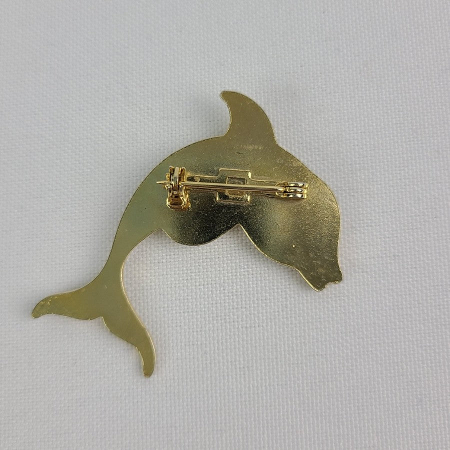Gold Tone Dolphin Natural Stone Brooch