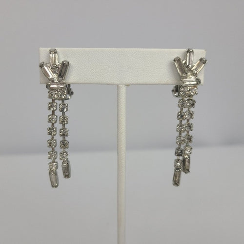 Vintage Rhinestone Crystal Silver Tone Clip On Earrings