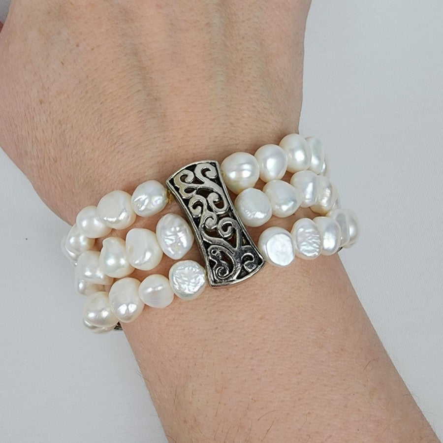 White Faux Pearl Filigree Silver Stretch Bracelet