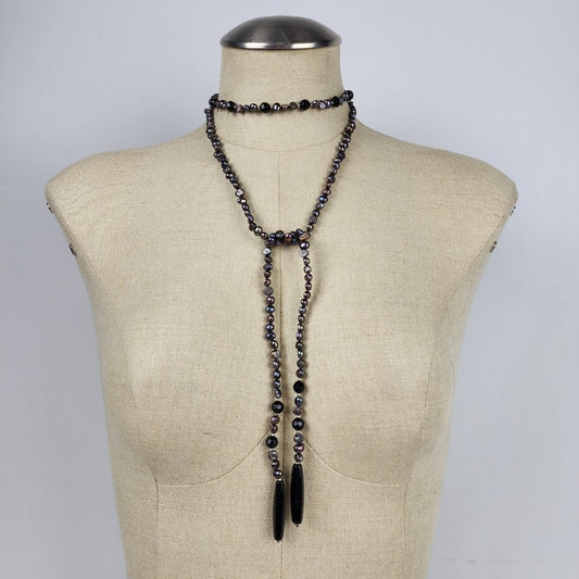 Black Metallic Glass Faux Pearl Lariat Beaded Necklace