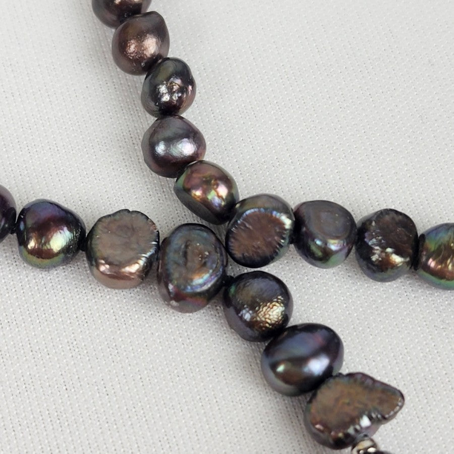 Black Metallic Glass Faux Pearl Lariat Beaded Necklace
