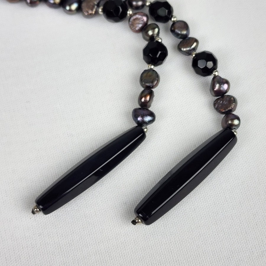 Black Metallic Glass Faux Pearl Lariat Beaded Necklace