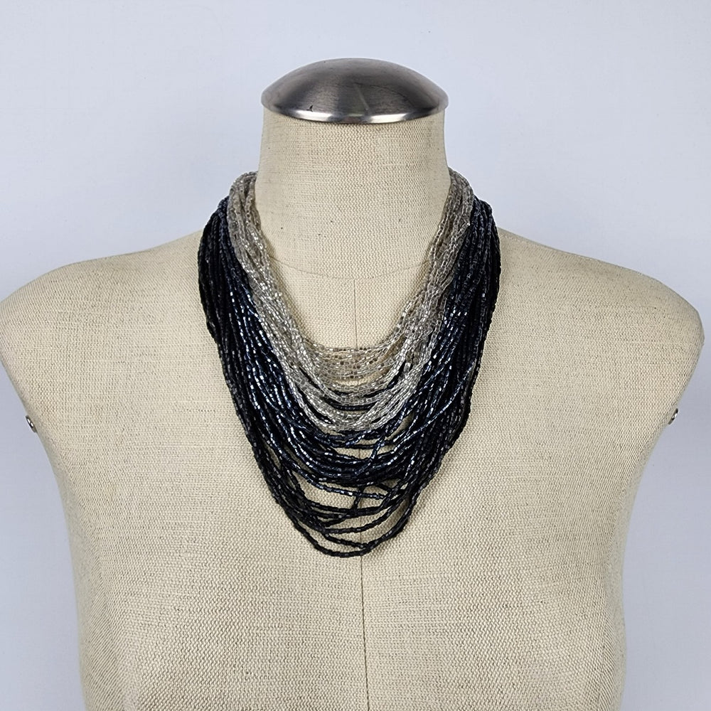 Vintage Metallic Black Blue & Silver Layered Necklace Statement Beaded