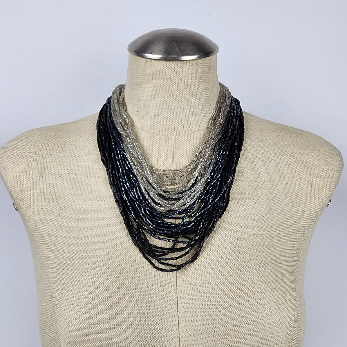 Vintage Metallic Black Blue & Silver Layered Necklace Statement Beaded