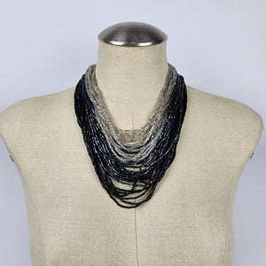 Vintage Metallic Black Blue & Silver Layered Necklace Statement Beaded