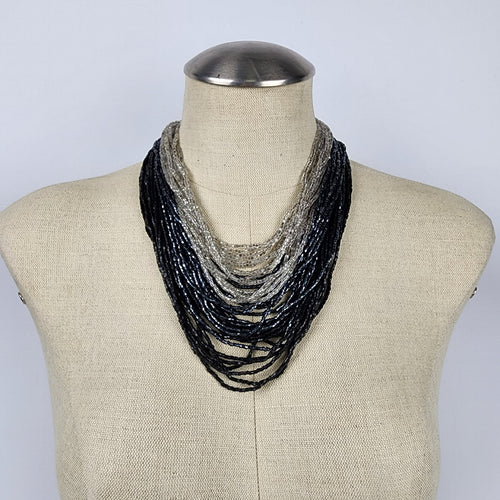 Vintage Metallic Black Blue & Silver Layered Necklace Statement Beaded