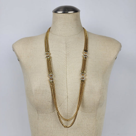 Gold Tone Chain Heart Rhinestone Long Necklace