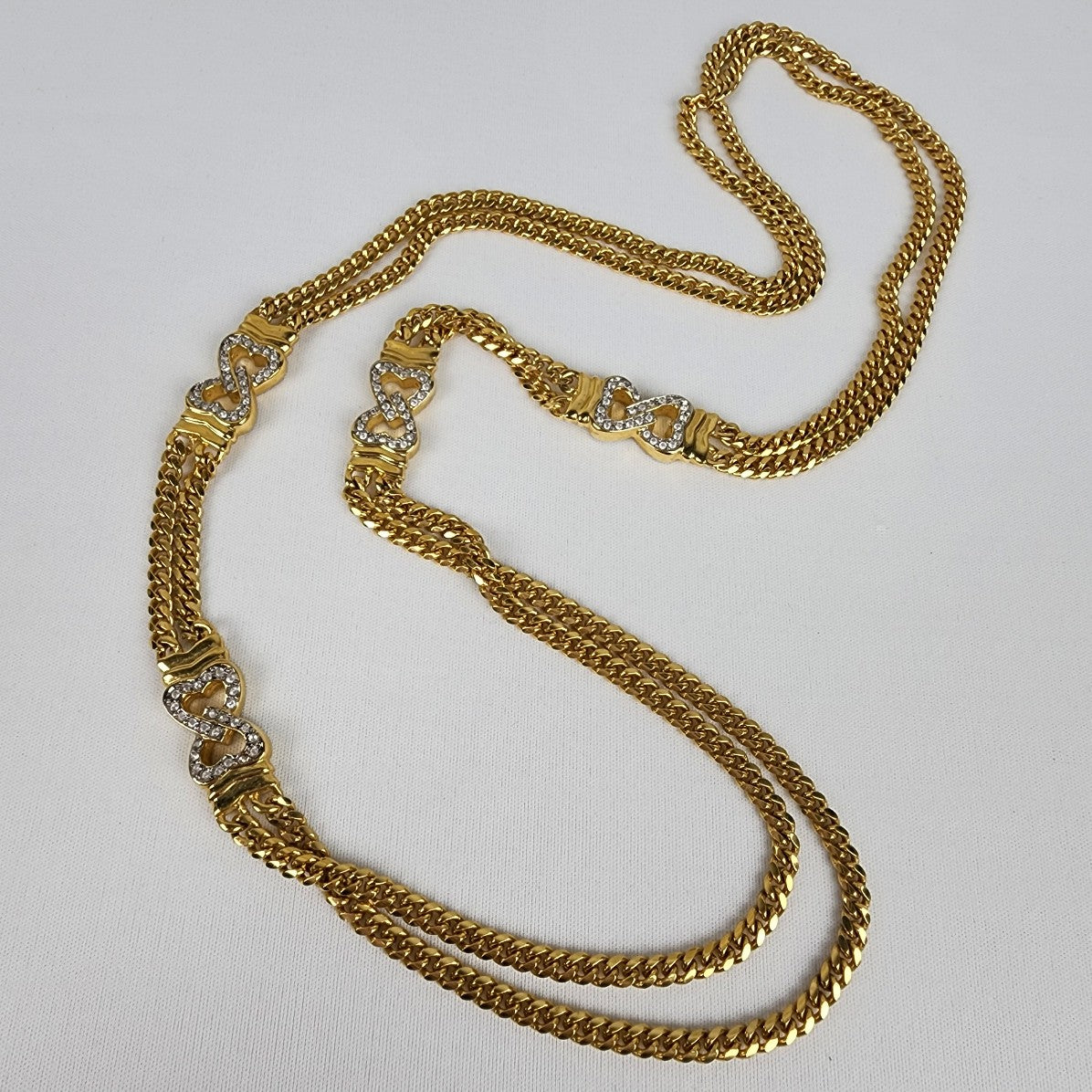 Gold Tone Chain Heart Rhinestone Long Necklace