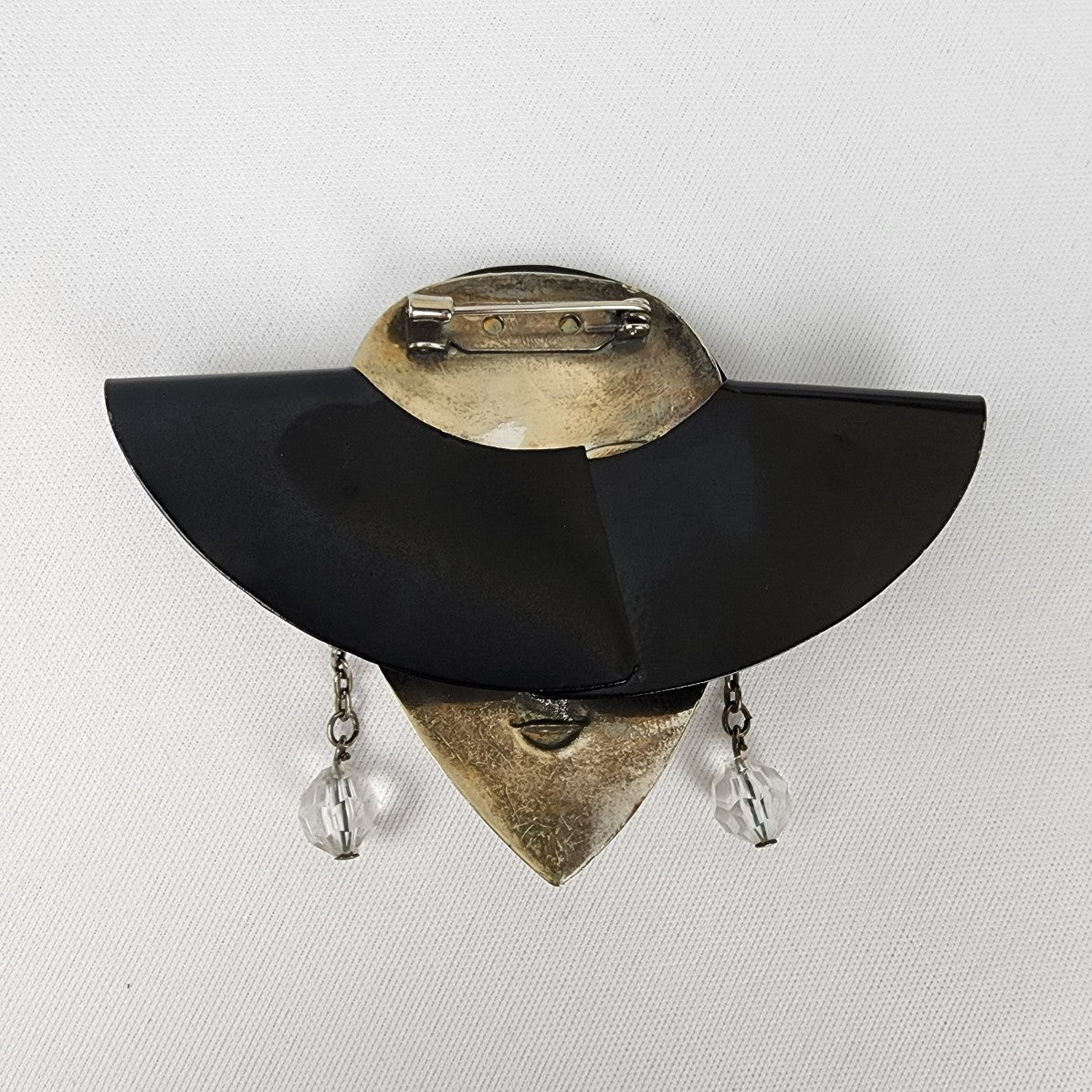 Vintage Lady In Black Hat Brooch Crystal Beads