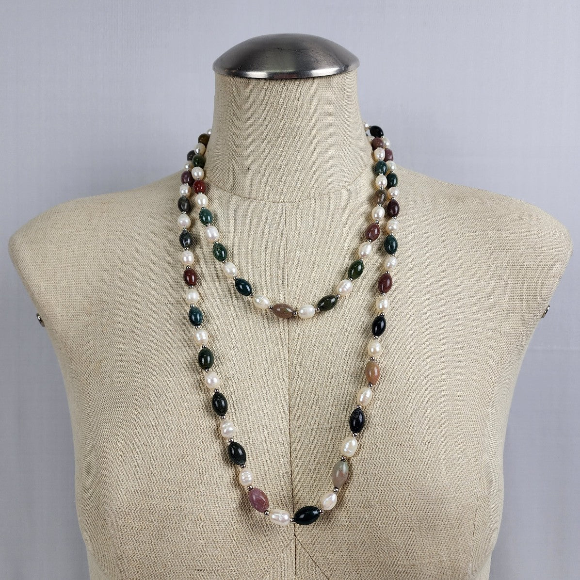 Faux Pearl Polished Natural Stone Beaded Necklace Bracelet Set