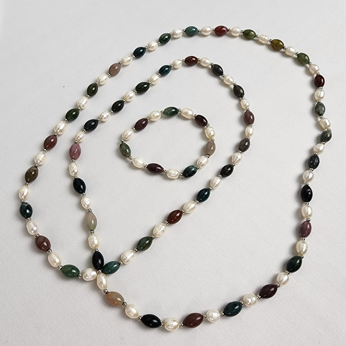 Faux Pearl Polished Natural Stone Beaded Necklace Bracelet Set