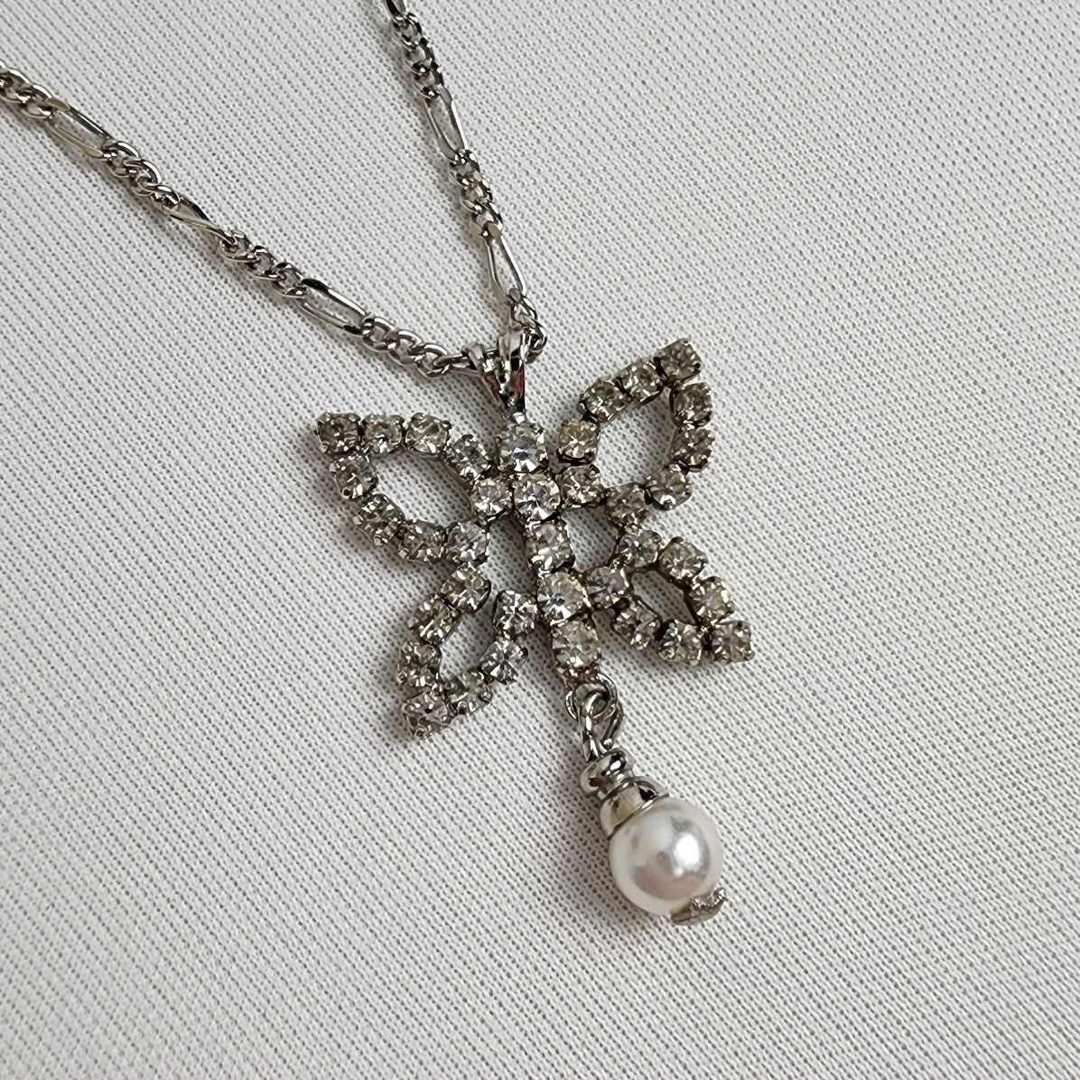 Silver Rhinestone Faux Pearl Butterfly Pendant Necklace