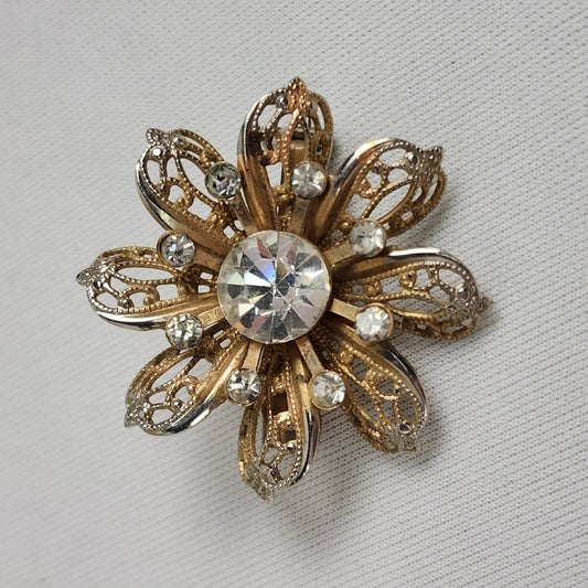 Vintage Crystal Flower Brooch Silver & Gold Tone