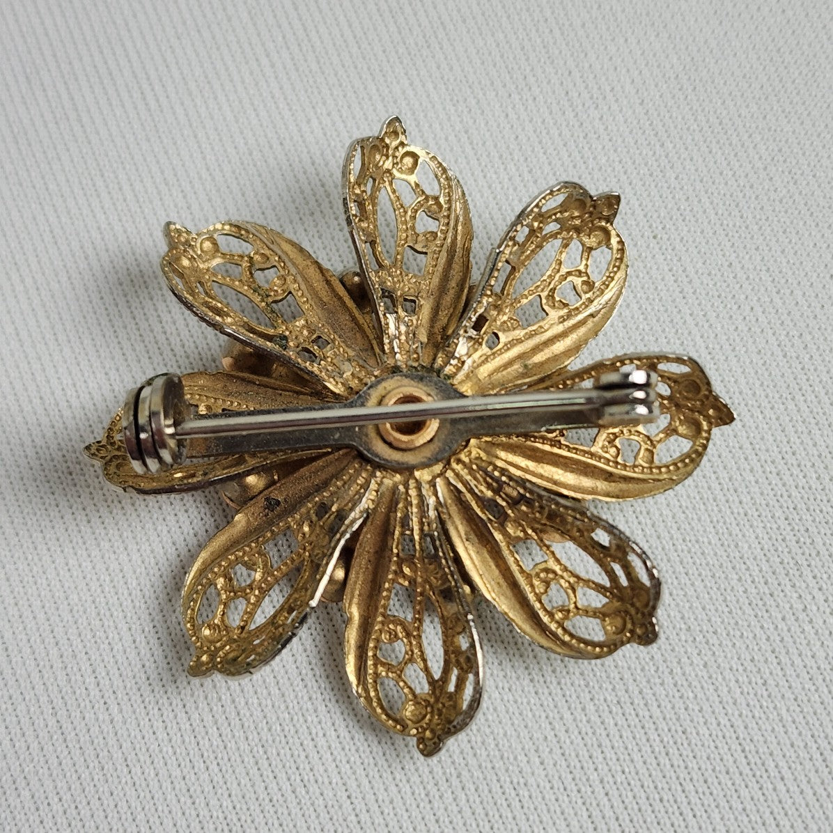 Vintage Crystal Flower Brooch Silver & Gold Tone
