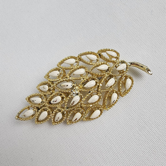Vintage Gerry's Leaf Brooch White Gold Enamel