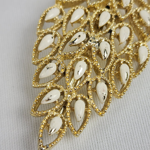 Vintage Gerry's Leaf Brooch White Gold Enamel