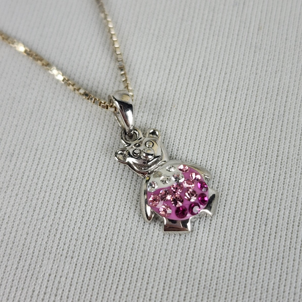 925 Sterling Silver Pink Teddy Bear Box Chain Necklace