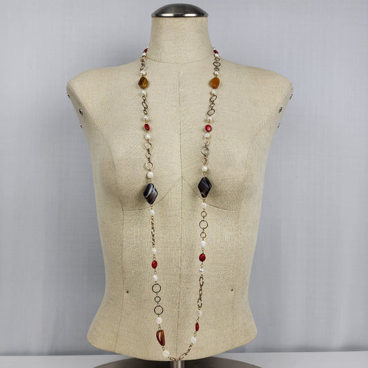 Natural Stone Faux Pearl Silver Link Long Necklace