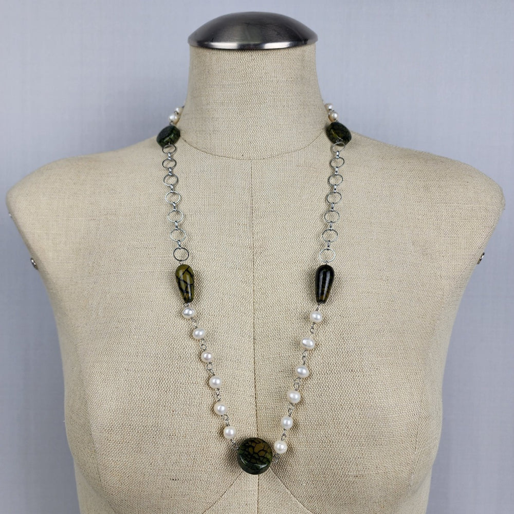 Natural Stone Faux Pearl Silver Chain Necklace