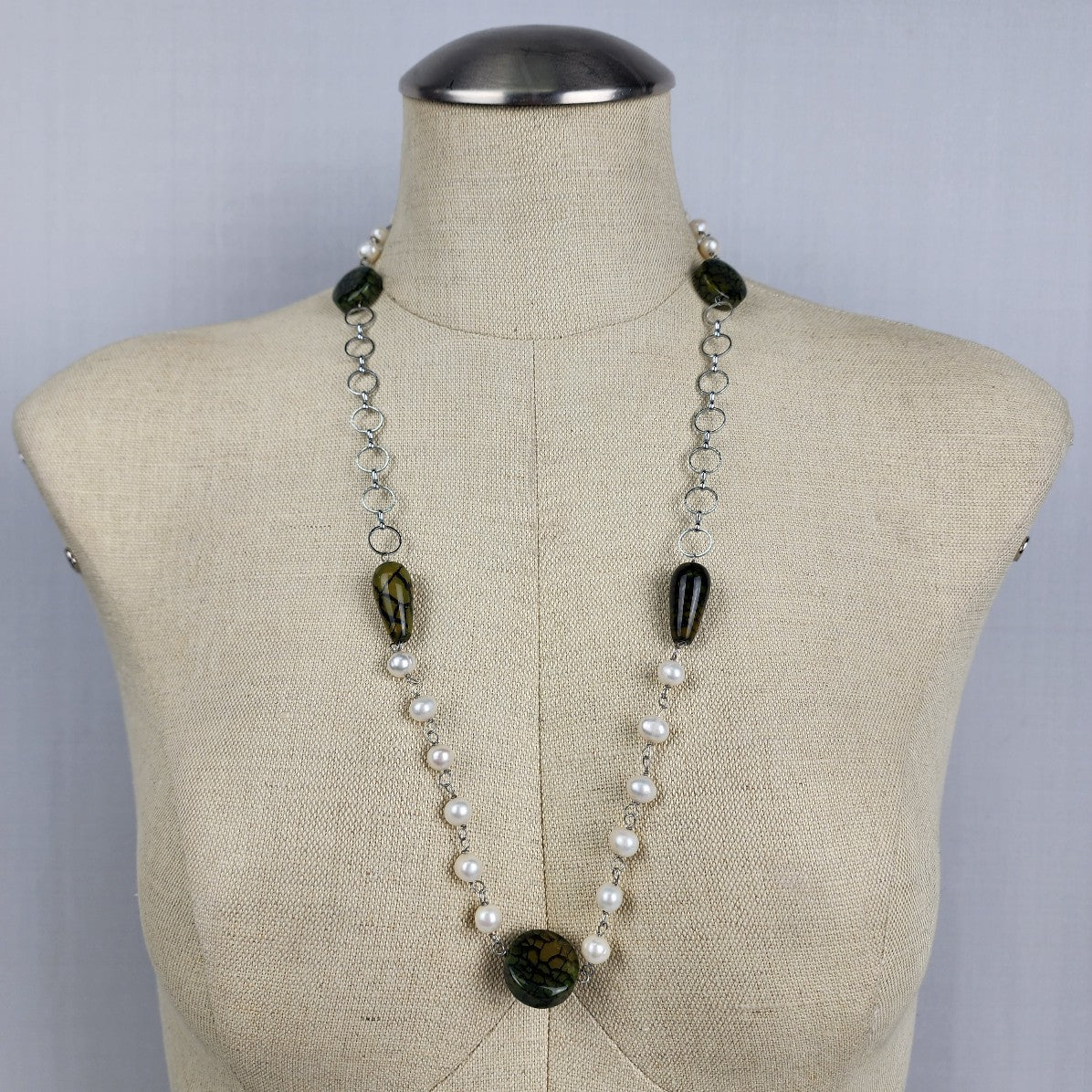 Natural Stone Faux Pearl Silver Chain Necklace