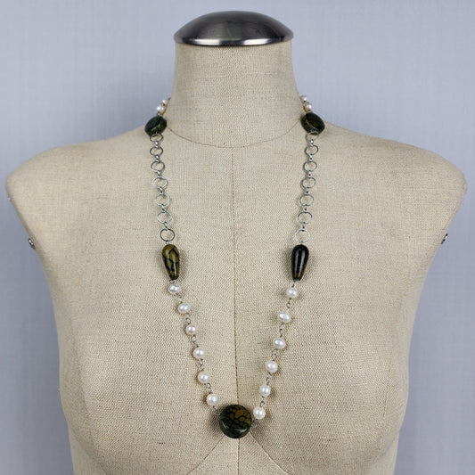 Natural Stone Faux Pearl Silver Chain Necklace