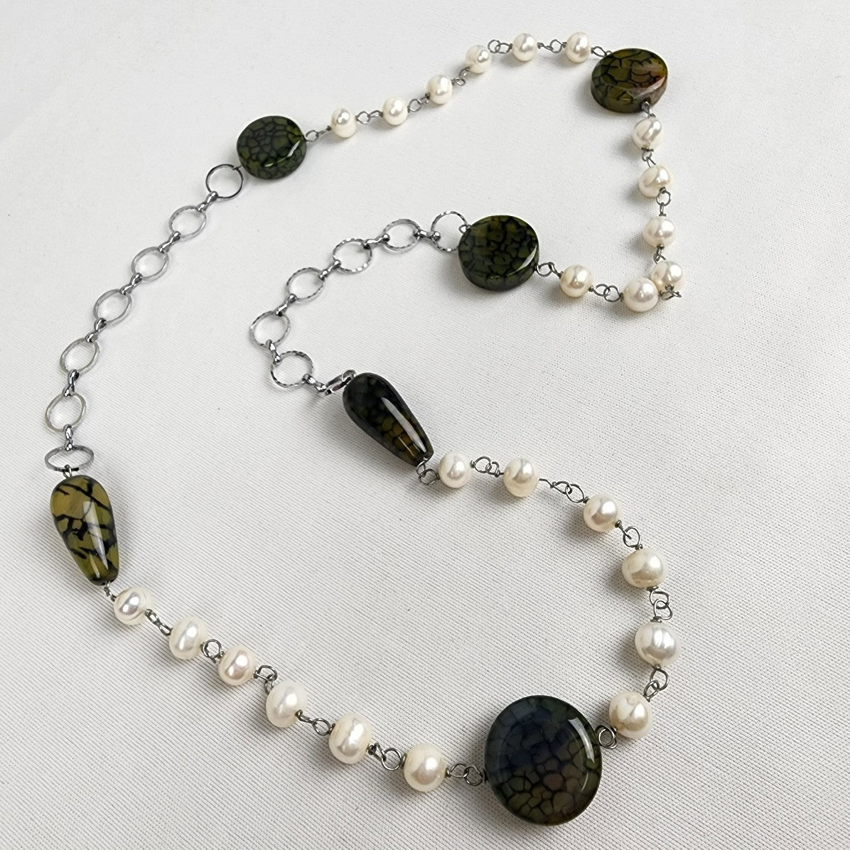Natural Stone Faux Pearl Silver Chain Necklace