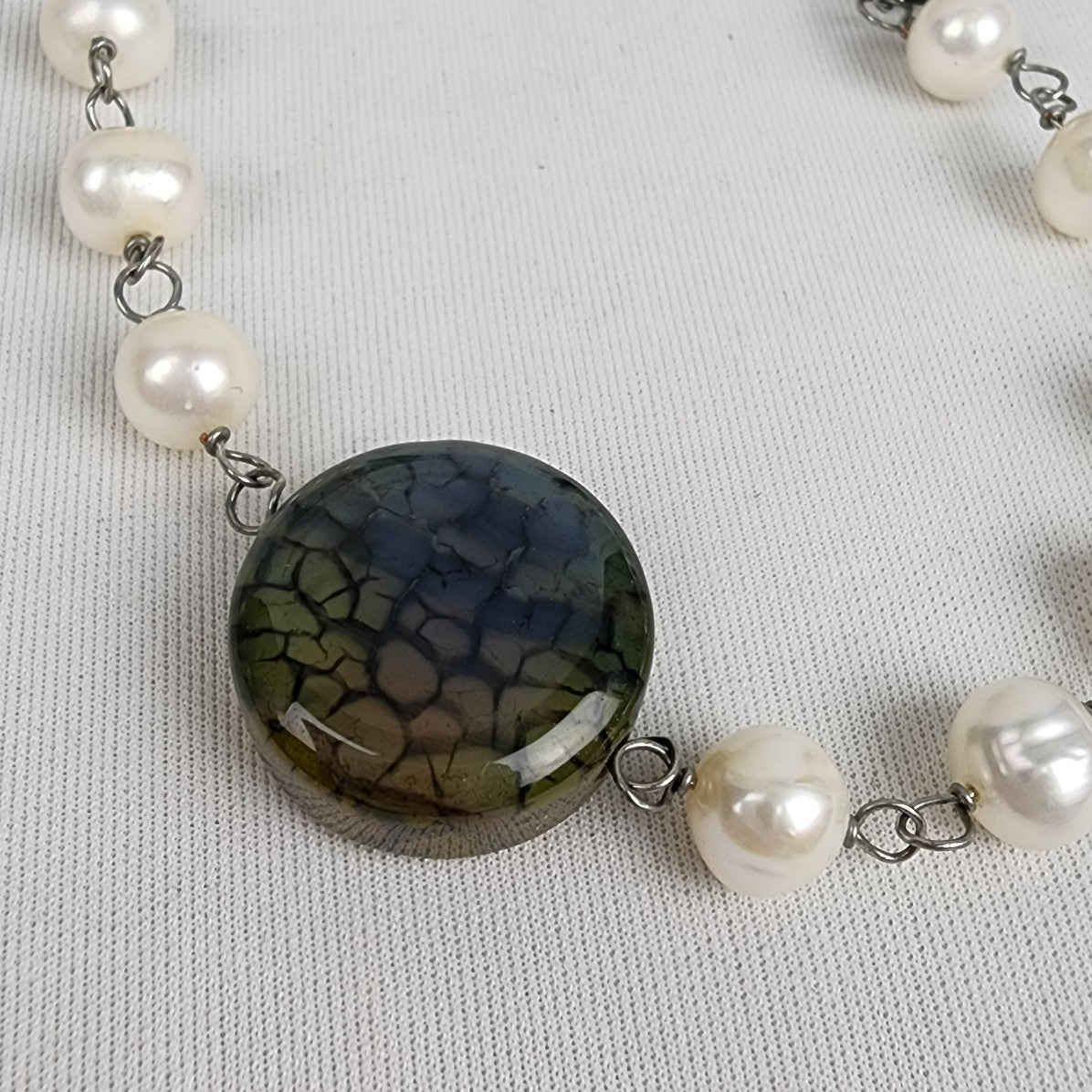 Natural Stone Faux Pearl Silver Chain Necklace