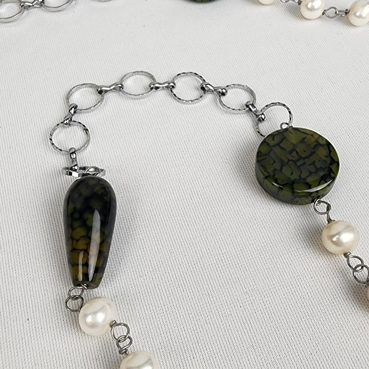 Natural Stone Faux Pearl Silver Chain Necklace