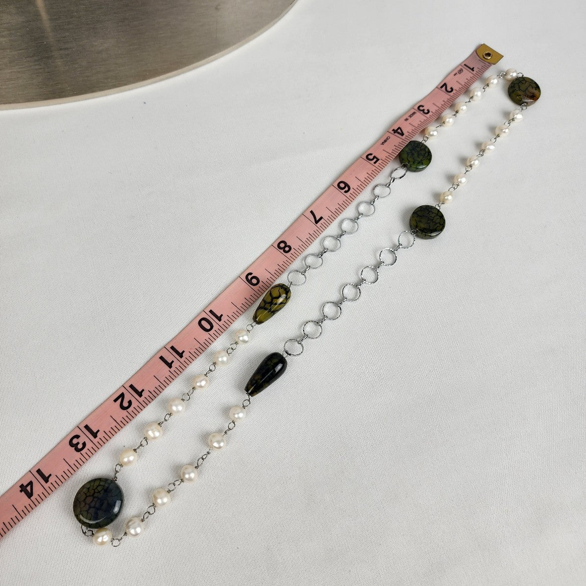 Natural Stone Faux Pearl Silver Chain Necklace