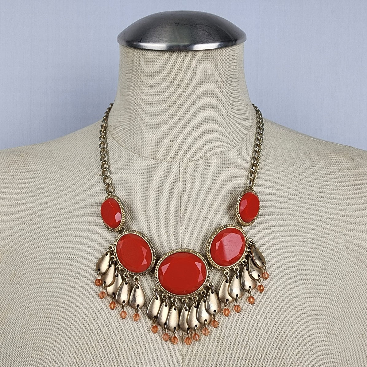 Gold Tone Red Dangle Statement Necklace