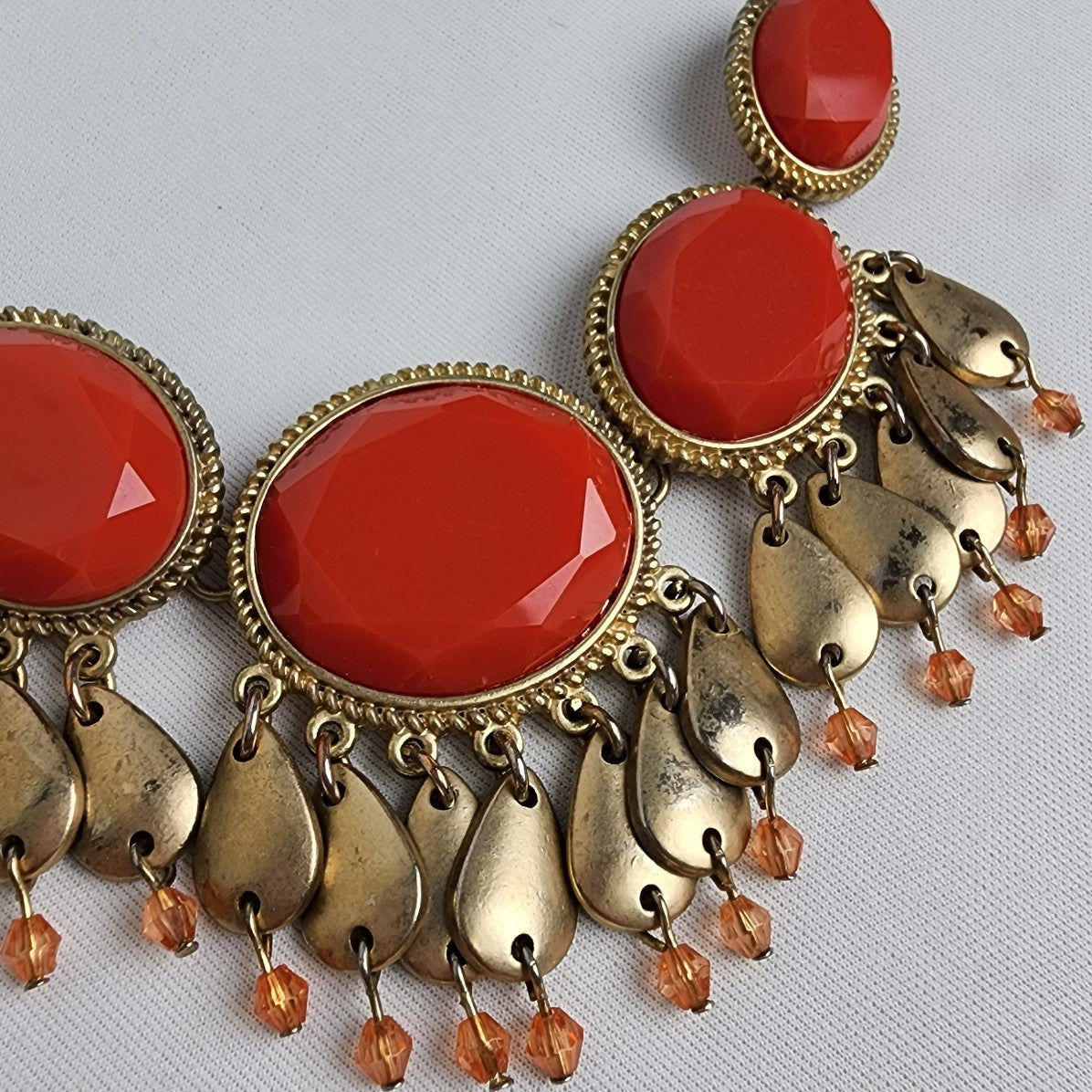 Gold Tone Red Dangle Statement Necklace