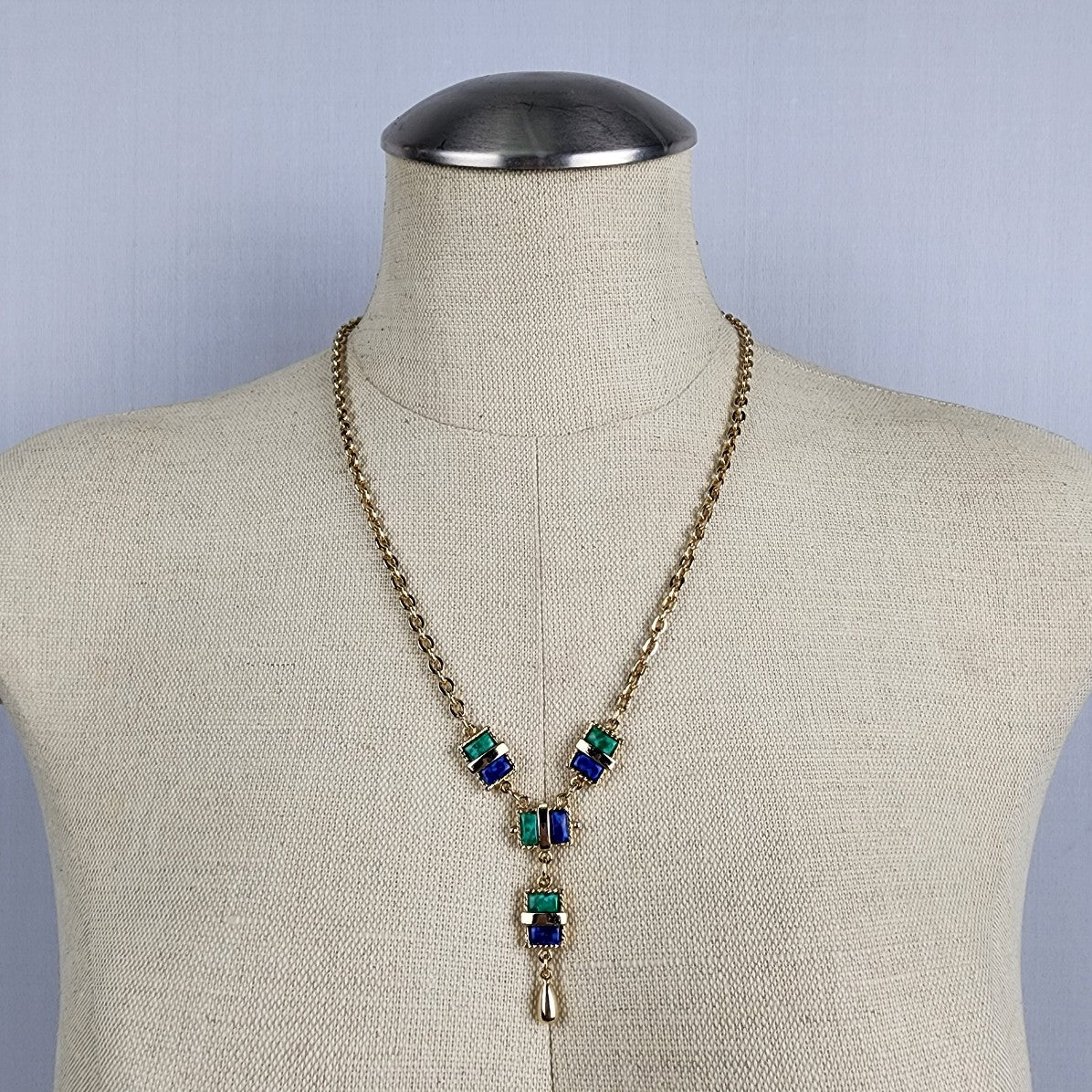 Vintage Sarah Coventry Blue & Green Stone Y Necklace