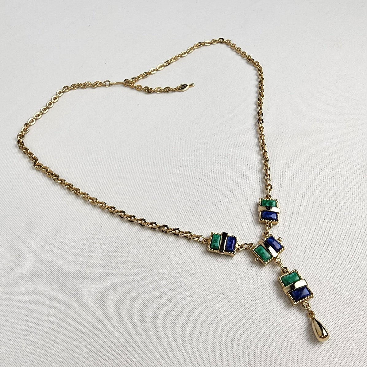 Vintage Sarah Coventry Blue & Green Stone Y Necklace