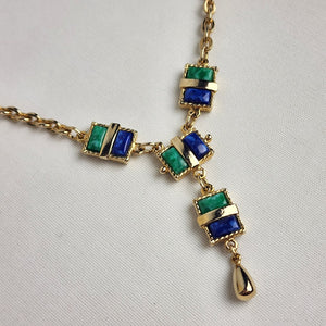 Vintage Sarah Coventry Blue & Green Stone Y Necklace